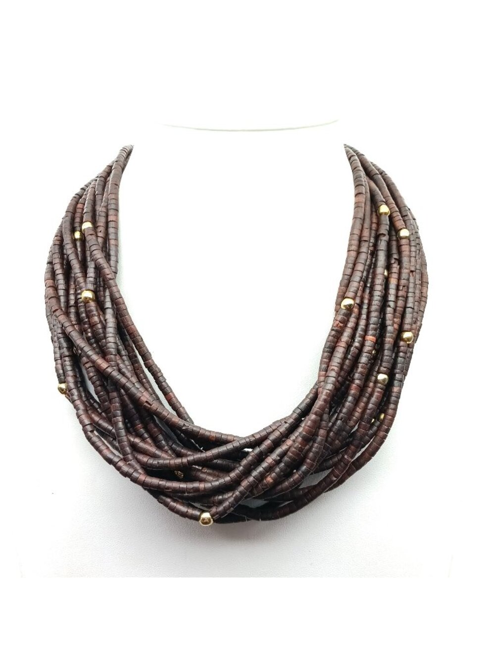 Multi-Strand Brown & Gold Beaded Heishi Necklace with Hook Clasp - Vintage Style